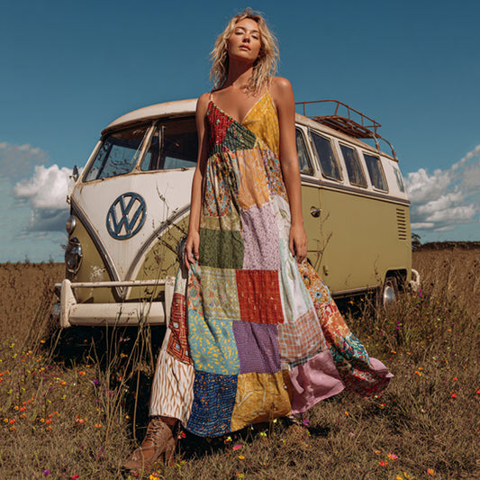 Countryside Style Collection Classy Patchwork Floral Pattern Art Linen Suspender Dress