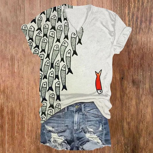 Comstylish Cute Simple Lines Abstract Geometric Fish Art Print V-neck T-shirt