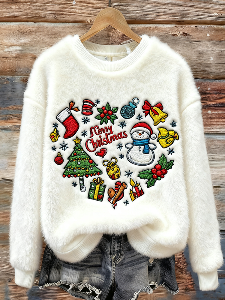 Comstylish Lady Christmas Winter Warmth Round Neck Flannel Sweatshirt
