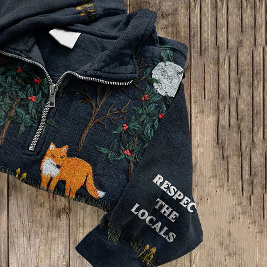 Vintage Respect The Locals Forest Wild Fox Embroidery Zipper Sweatshirt artswardrobe