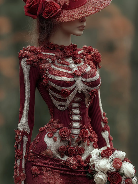 Comstylish Women's Halloween Skeleton Flower Red Dress