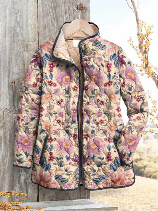 Women's Vintage Lovely Floral Art Print Casual Quilted Cardigan