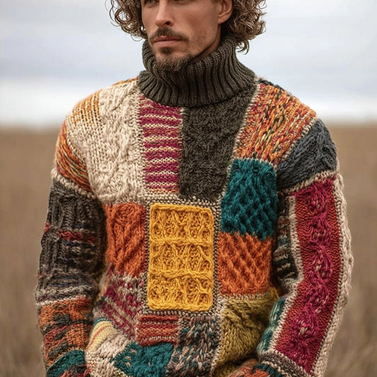 Men's Vintage Geometric Patchwork Cozy Turtleneck Sweater artswardrobe