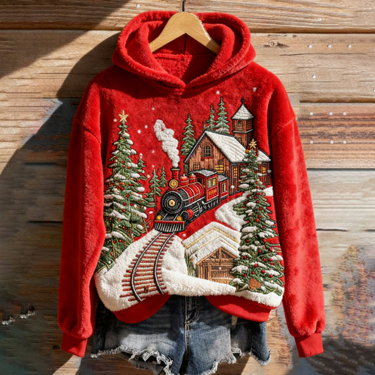 Women's Christmas Embroidery Art Cozy Flannel Hoodie