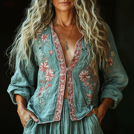 Bohemian Linen Floral Art Print  Long Sleeve Shirt artswardrobe