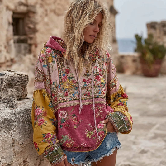 Comstylish Women's Vintage Bohemian Floral Embroidery Patchwork Art Casual Long Sleeve Hoodie