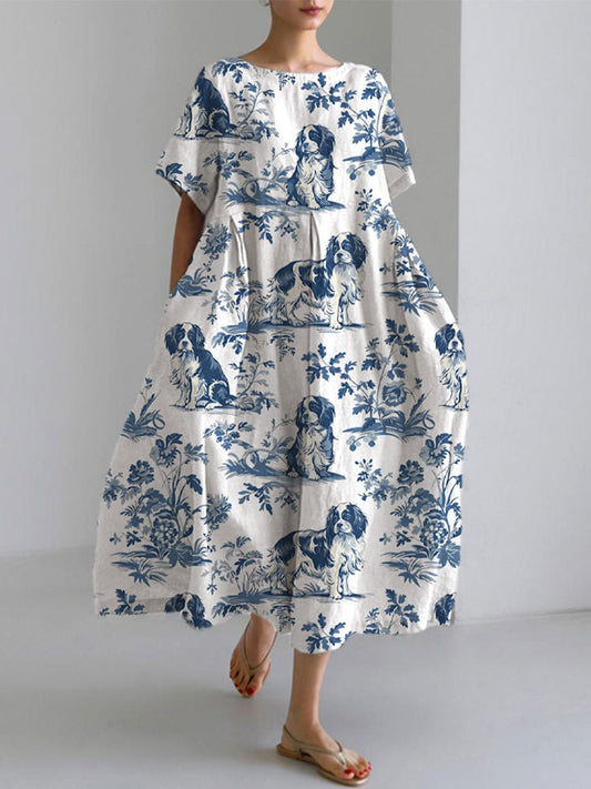 Comstylish Women's Retro Funny Denim Patch Animal Dog Print Casual Dress