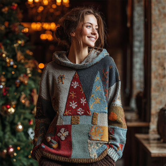 Vintage Christmas Tree Patchwork Women's Knit Hooded Sweater artswardrobe