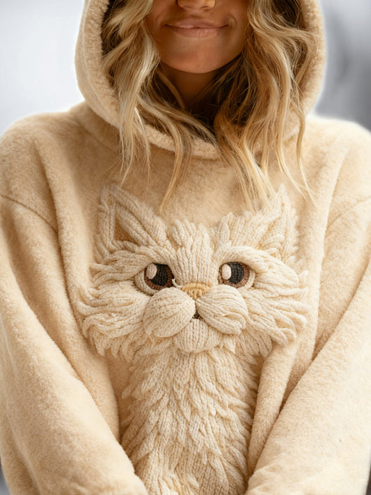 Comstylish Cute Fuzzy Cat Embroidered Cozy Plush Hoodie