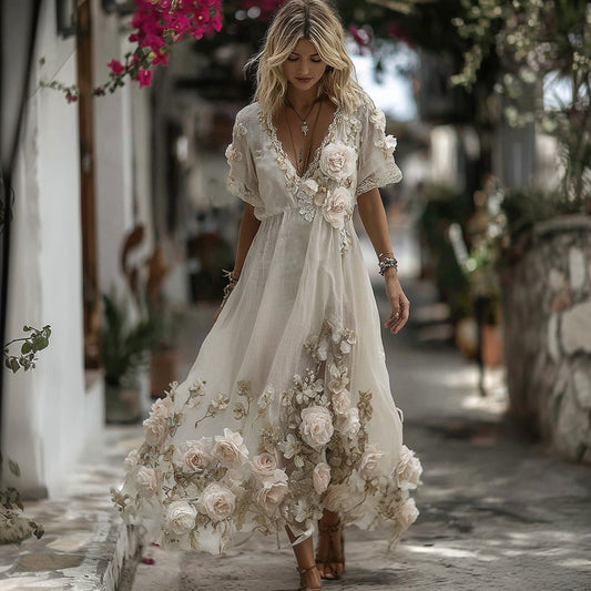 Women's Vintage Floral Embroidery Art Comfy Linen Maxi Dress