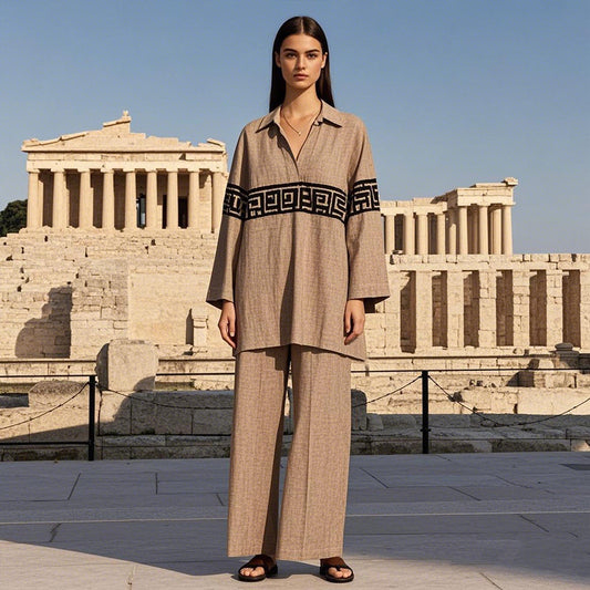Women's Vintage Greek Key Embroidered Linen Button Shirt artswardrobe