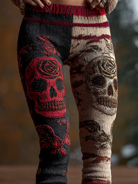 Comstylish Women's Halloween Skull Rose Patchwork Fabric Knitted Leggings