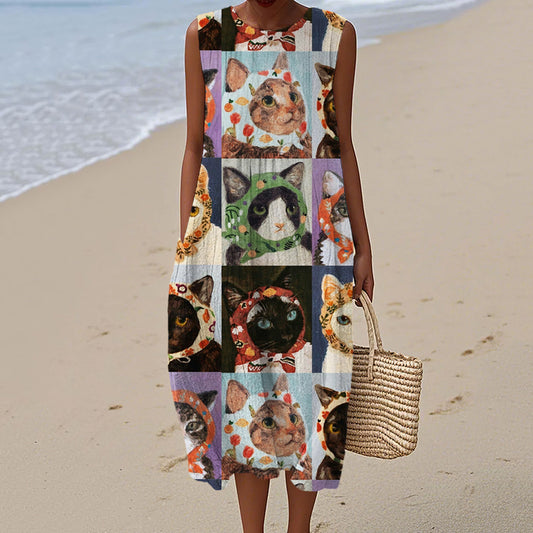 Fun Babushka Cat Patchwork Pattern Women's Linen Vest Dress