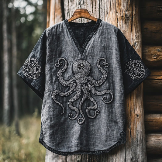 Retro Viking Crusoe Octopus Art Linen Blend V-neck T-shirt artswardrobe