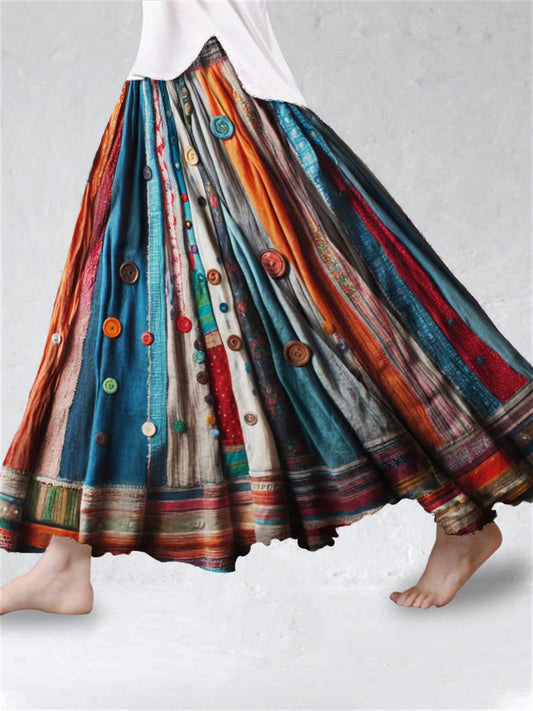 Boho Colorful Textile Flowy Linen Blend Wide Skirt artswardrobe