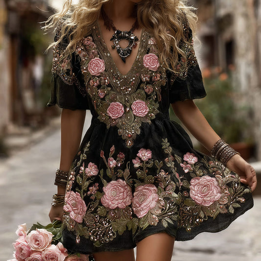 Women's Classic Romantic Pink Rose Embroidery Art Comfy Linen Mini Dress artswardrobe