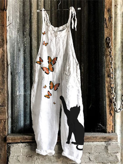 Cat & Butterflies Art Graphic Loose Fit Jumpsuit elevenforest