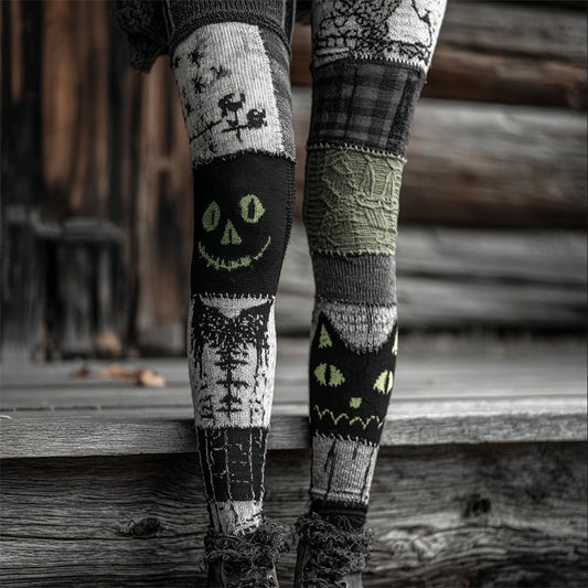 Halloween Black Cat Colorblock Patchwork Cozy Knit Leggings