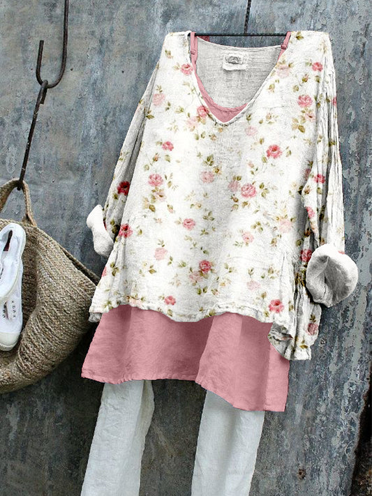 Vintage Cottagecore Floral Pattern Linen Blend Tunic artswardrobe