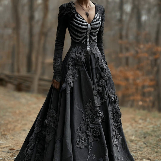 Comstylish Elegant Skeleton & Roses Embroidered V Neck Flowy Maxi Dress
