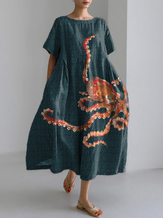 Women's Vintage Octopus Felt Art Linen Blend Dress artswardrobe