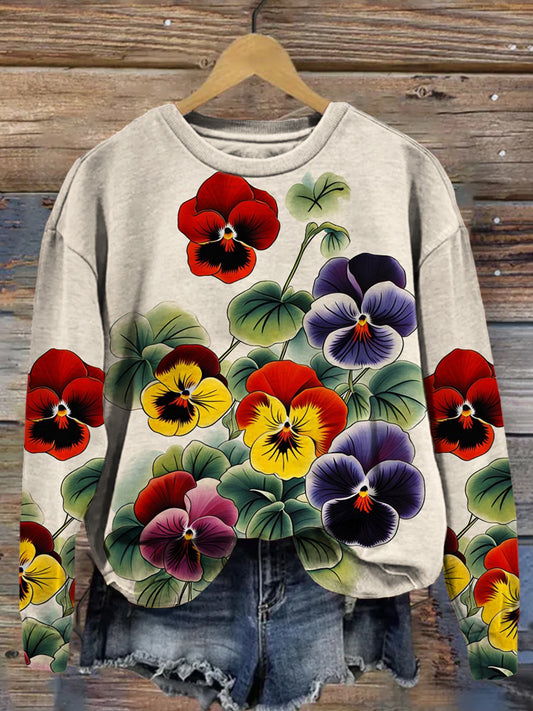 Comstylish Colorful Pansy Blossom Art Vintage Washed Sweatshirt