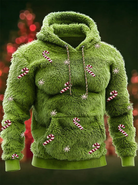 Comstylish Men's Christmas Candy Canes Snowflakes Embroidered Cozy Plush Hoodie