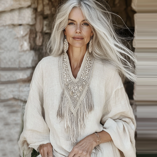 Comstylish Vintage Fringe Art Cotton Linen Long Sleeve Shirt