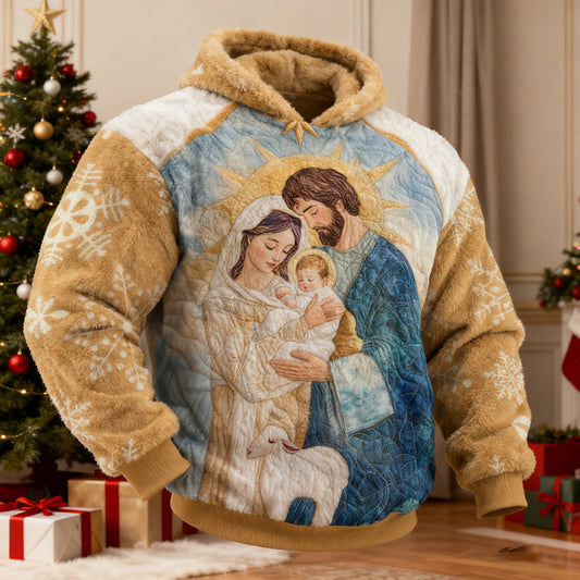 Comstylish Men's Retro Christmas Nativity Pattern Long Sleeve Flannel Hoodie