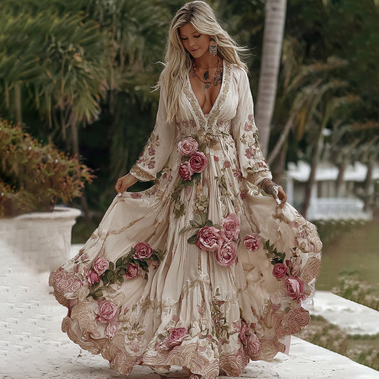 Women's Vintage Rose Floral Embroidery Art Casual V Neck Maxi Dress
