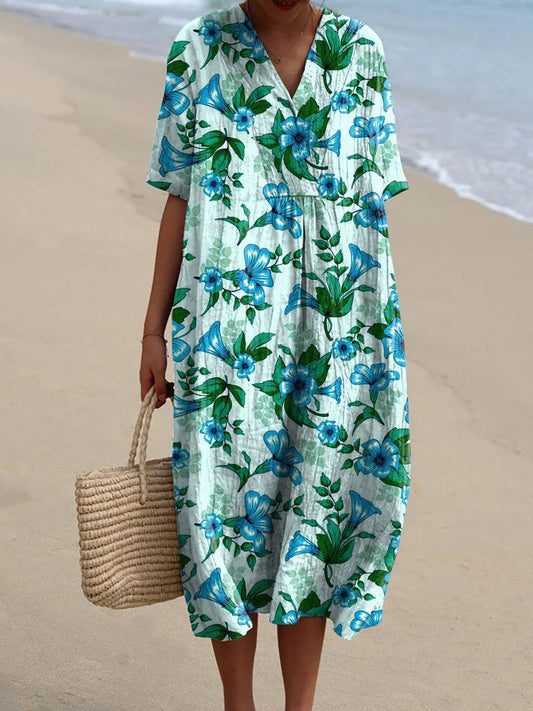 Summer Tropical Blue Floral Pattern Printed Women's Flowy Dress