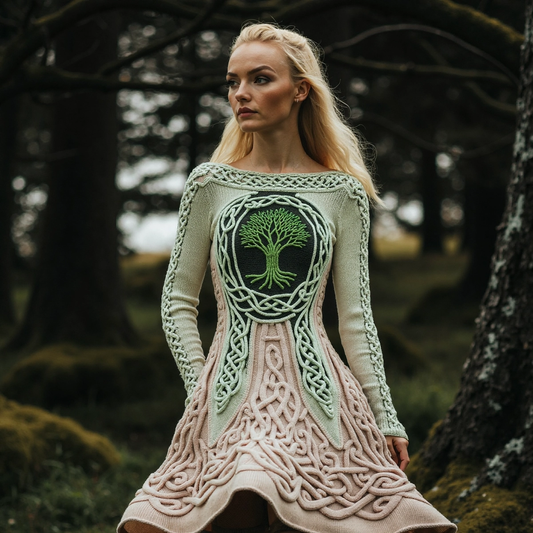 Women's Irish Celtic Tree Of Life Jacquard Retro Sweater Dress elevenforest