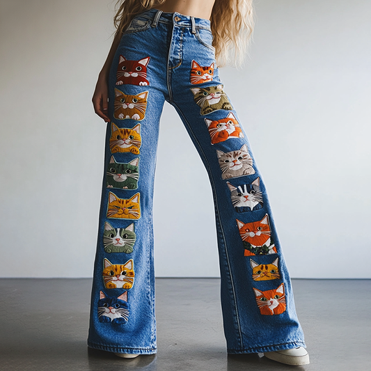 Comstylish Women's Pop Art Cute Cat Design Jeans