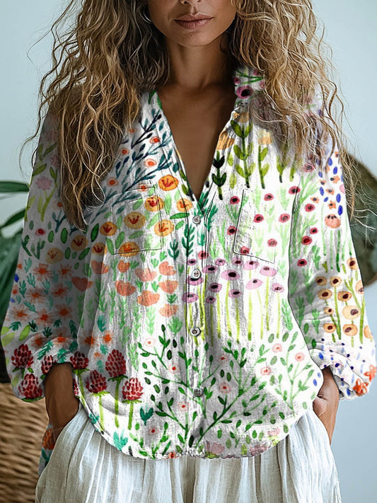 Women's Retro Floral Print Casual Long Sleeve Comfortable Cotton Shirt