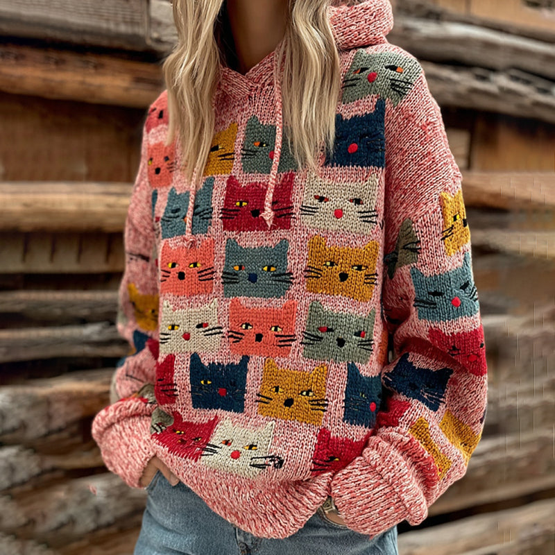 Comstylish Women's Colorful Cats Pattern Art Cozy Knit Hooded Sweater