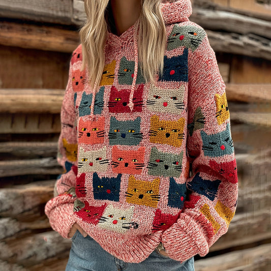 Comstylish Women's Colorful Cats Pattern Art Cozy Knit Hooded Sweater