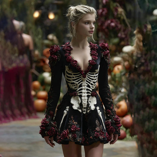 Comstylish Women's Halloween Rose Skeleton Witch Cosplay Midi Dress