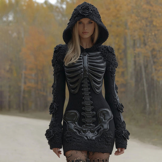 Comstylish Women's Vintage Halloween Skeleton Bones Rose Lace Art Cozy Knit Hooded Sweater Dress