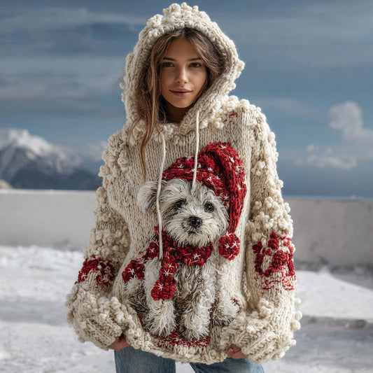 Comstylish Plush Dog With Santa Hat Knitted Jacquard Warm Hooded Sweater
