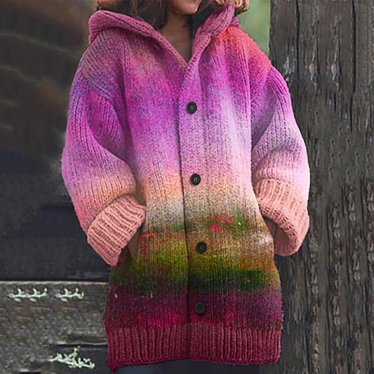 Fashionable Oil Painting Gradient Floral Knitted Cardigan Sweater elevenforest