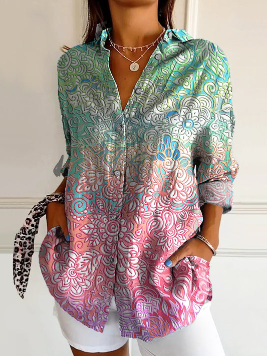 Women's Vintage Ethnic Floral Art Print Casual Cotton Shirt