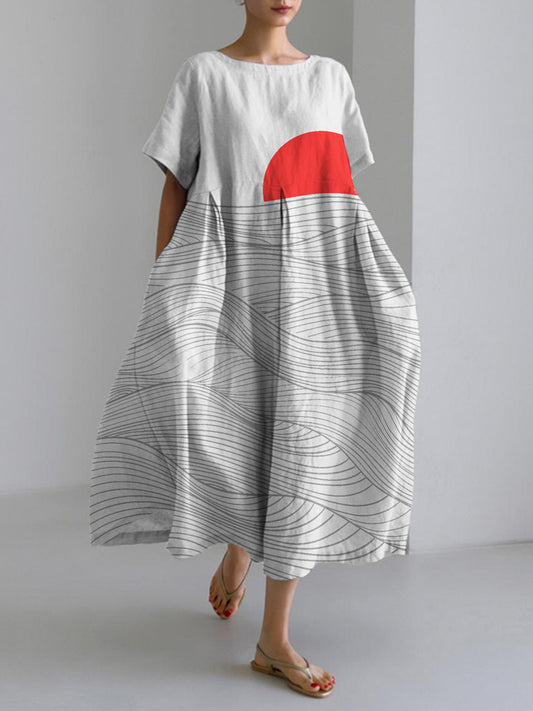 Comstylish Vintage Japanese Waves & Sun Art Linen Blend Maxi Dress