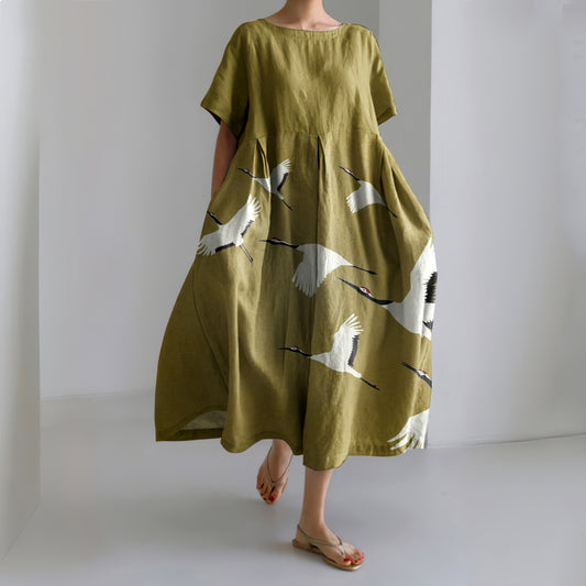 Comstylish Japanese Art Crane Printed Crew Neck Casual Midi Dress