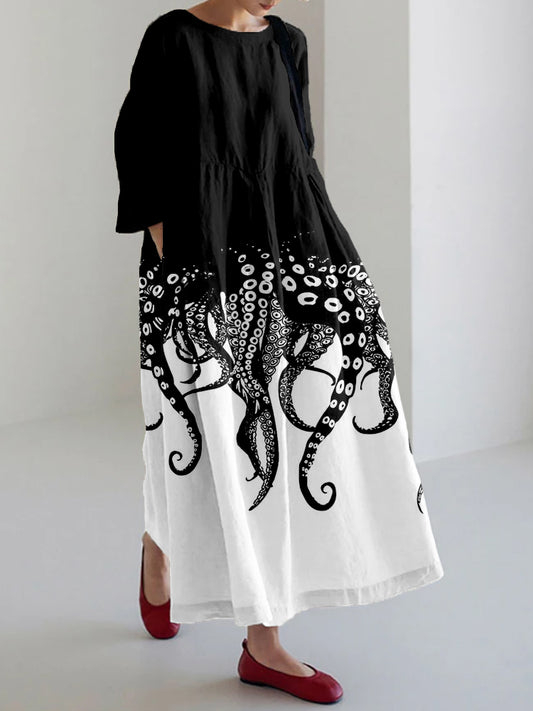 Tentacles Lover Essential Contrast Linen Blend Maxi Dress