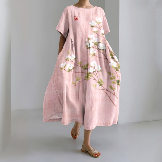 Comstylish Japanese Art Flower Print Round Neck Short Sleeve Midi Dress