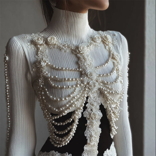 Comstylish Vintage White Roses Skeleton Pearls Lace Contrast Turtleneck Sweater