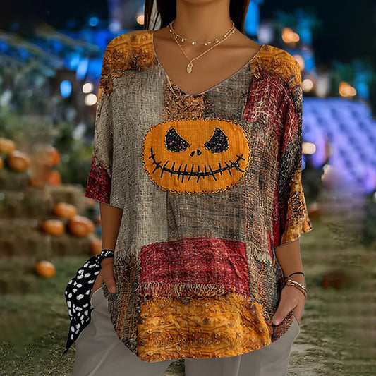 Women's Halloween Retro Pumpkin Emoticon Print Top artswardrobe