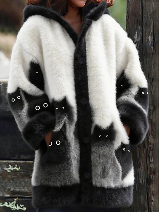 Comstylish Lovely Fuzzy Cats Art Contrast Cozy Hooded Cardigan