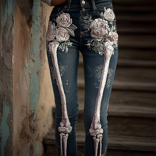Comstylish Vintage Skeleton Pink Roses Beaded Embroidered Washed Jeans
