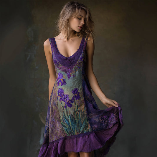 Purple Irises Embroidered Lace Patchwork Flowy Linen Dress
